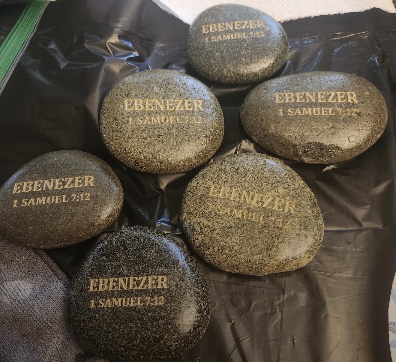 Real EBENEZER Stones engraved with 1 Samuel 7:12, prepared for a retreat