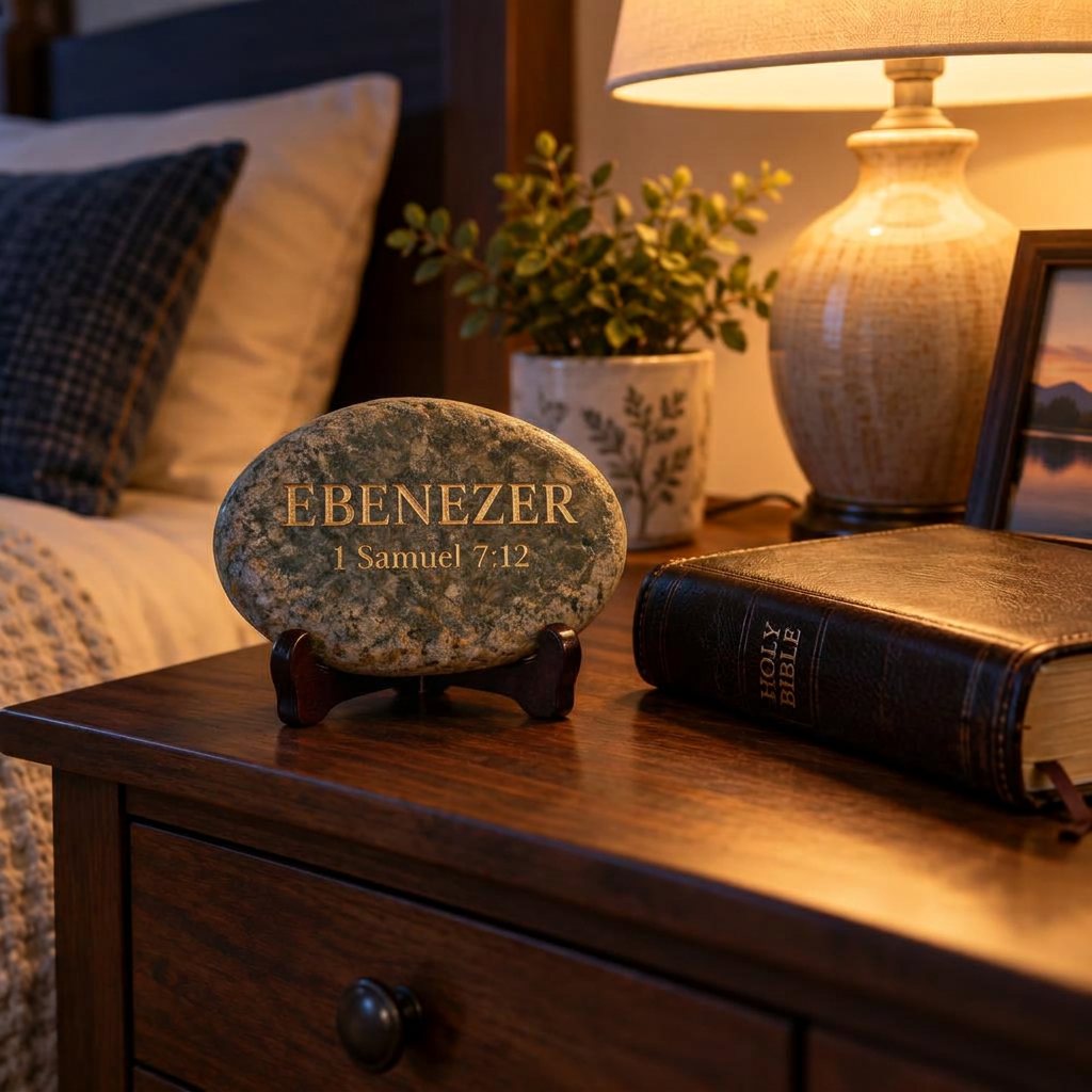 A flat EBENEZER Stone on a small stand beside a Bible and lamp on a nightstand